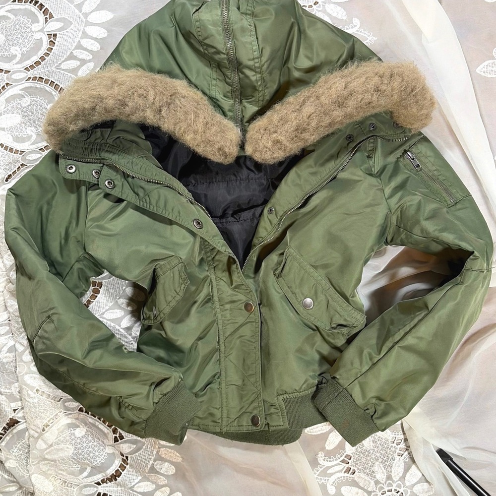Y2K Grunge Mossimo Supply Co Olive Green Faux Fur Hooded Bomber Jacket Medium